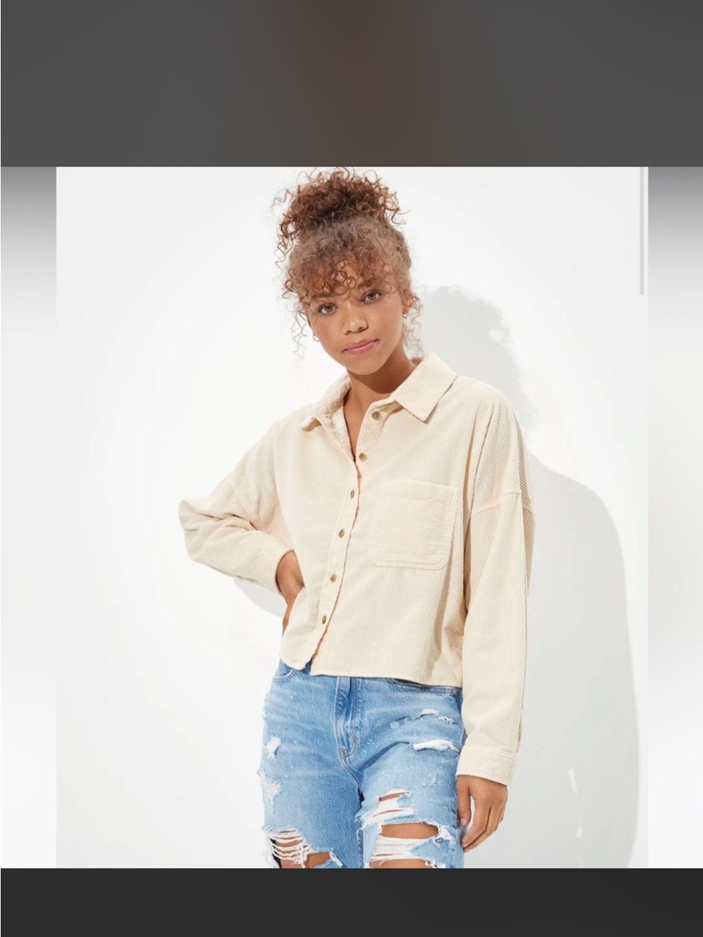 American Eagle Outfitters Cream Ribbed Button-Up Shirt